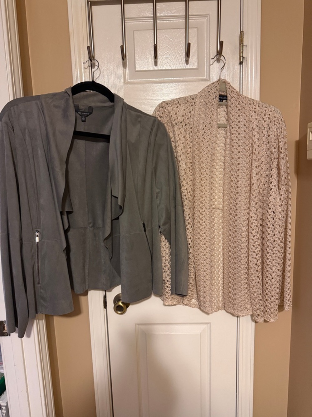 The Limited Gray Suede Draped Open-Front Jacket and beige sweater